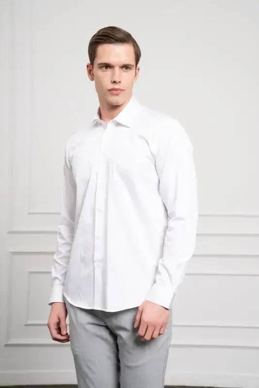 Modazone Erkak Oq Paxta Trend Slim Fit Tor Kesimli Ko'ylak - 4