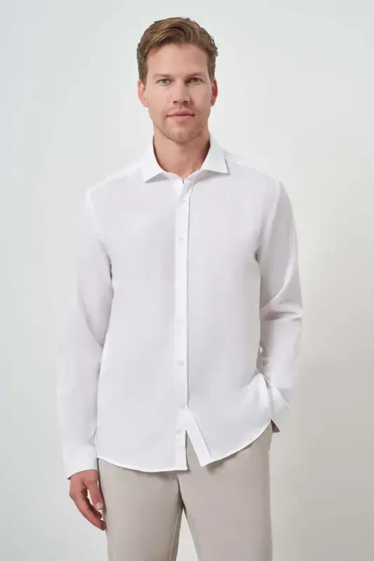 Modazone Erkak Oq Paxta Trendi Slim Fit İtaliya Yoqali Ko'ylak - 4