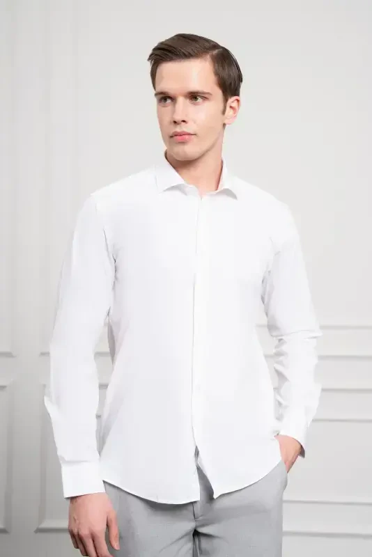 Modazone Erkak Oq Paxta Trendi Slim Fit Tor Kesilgan İtalyan Yoqali Ko'ylak - 1