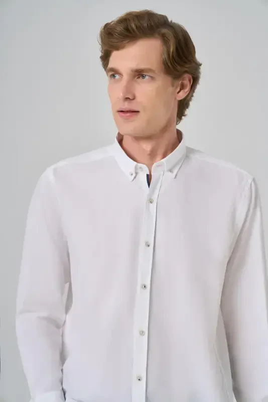 Modazone Erkak Oq Regular Fit Tugmali Yoqali Ko'ylak - 3