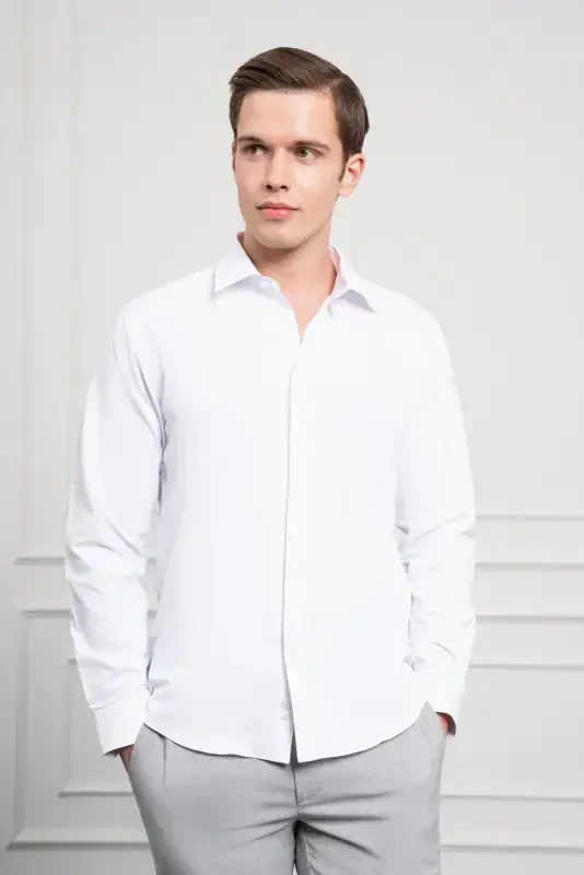 Modazone Erkak Oq Slim Fit Tor Kesim Qattiq Sport Yoqali Ko'ylak - 4