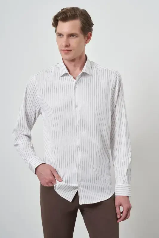 Modazone Erkak Oq Trend Chiziqli Slim Fit Italyan Yoqa Ko'ylak - MORVEN