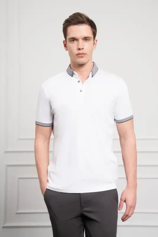 Modazone Erkak Oq Trend Merserlangan Tekis Tugmali Yoqali Dynamic Fit Futbolka - 3