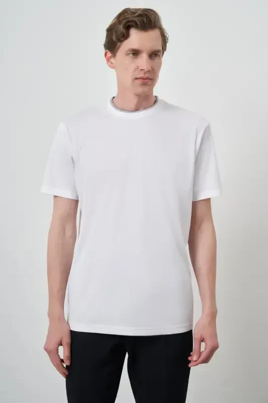 Modazone Erkak Oq Trend Velosiped Yoqali T-Shirt - 4