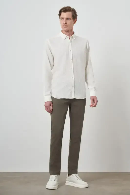 Modazone Erkak Oq Trend Zig'ir Slim Fit Tugmali Yoqali Ko'ylak - 2