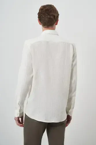 Modazone Erkak Oq Trend Zig'ir Slim Fit Tugmali Yoqali Ko'ylak - 5