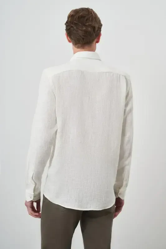 Modazone Erkak Oq Trend Zig'ir Slim Fit Tugmali Yoqali Ko'ylak - 5