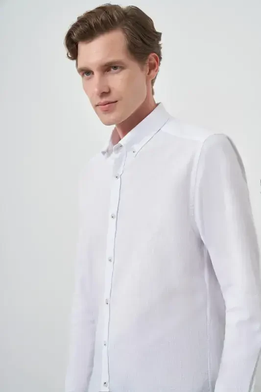 Modazone Erkak Oq Zig'ir Trend Dynamic Fit Tugmali Yoqali Ko'ylak - 3