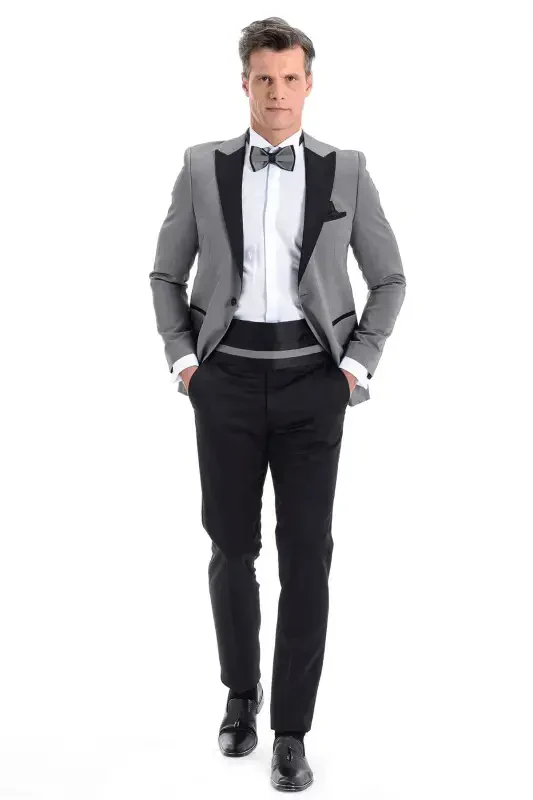 Modazone Erkak O'rta Kulrang Brodvey Slim Fit Kuyovlik Kostyumi - 2