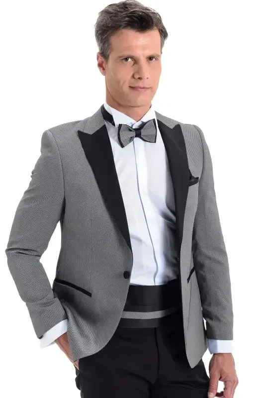 Modazone Erkak O'rta Kulrang Brodvey Slim Fit Kuyovlik Kostyumi - 3