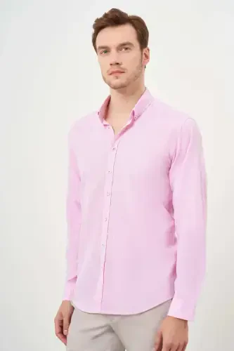 Modazone erkak pushti zig'ir tekis naqshli tugmali yoqali slim fit ko'ylak 