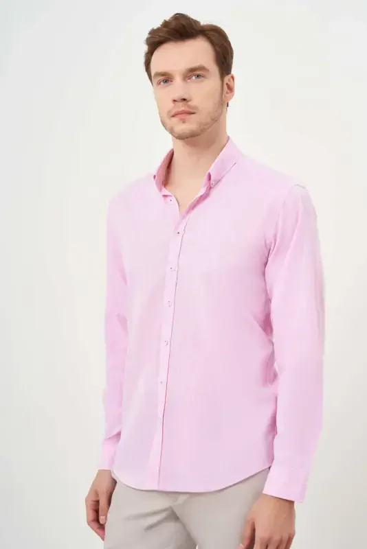 Modazone erkak pushti zig'ir tekis naqshli tugmali yoqali slim fit ko'ylak - MORVEN