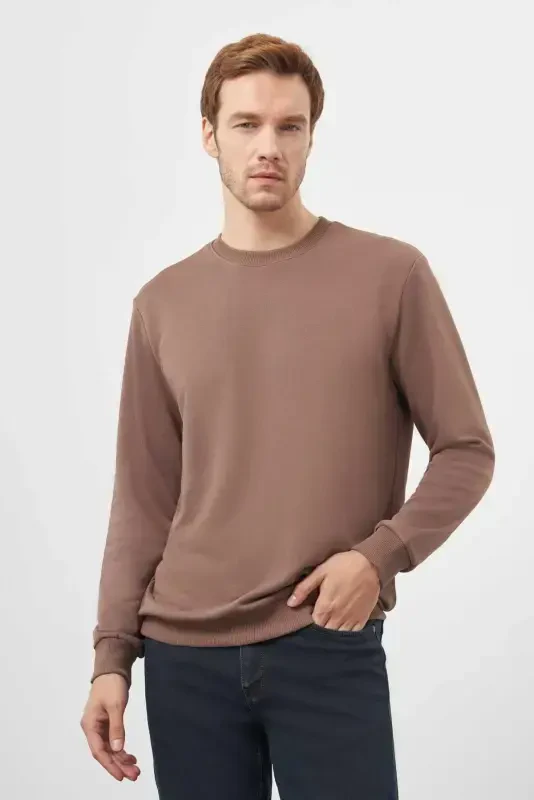 Modazone Erkak QAHVA Basic Velosiped Yoqali Sweat-Shirt - 1