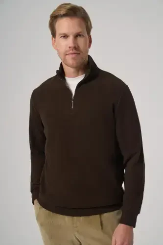 Modazone Erkak QAHVA Fermuarlı Bato Yaka Dynamic Fit Sweatshirt - MORVEN (1)