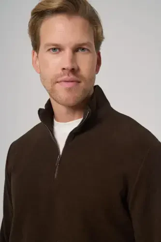 Modazone Erkak QAHVA Fermuarlı Bato Yaka Dynamic Fit Sweatshirt - 3