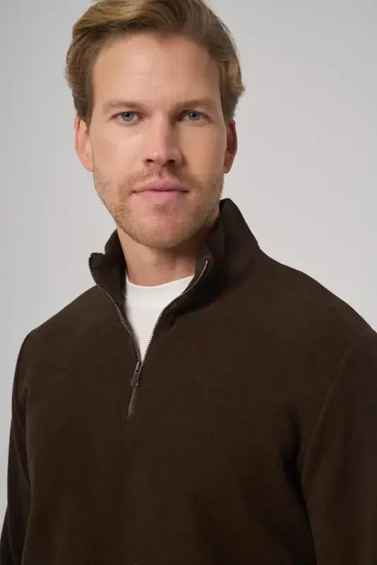 Modazone Erkak QAHVA Fermuarlı Bato Yaka Dynamic Fit Sweatshirt - 3