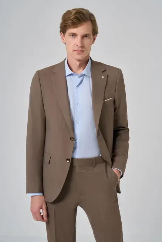 Modazone Erkak QAHVA Junli Slim Fit Mono Yoqali Kostyum - 3