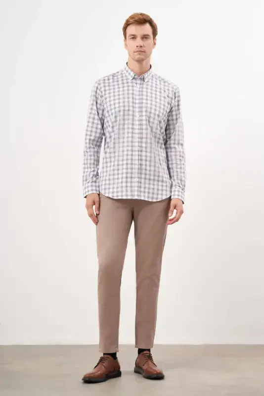 Modazone Erkak QAHVA Paxta Ekoseli Tugmali Yoqa Regular Fit Ko'ylak - 3