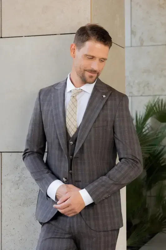 Modazone Erkak QAHVA Poliviskon Trend Jiletli Ekoseli Slim Fit Sivri Yoqali Takim Elbise - 2