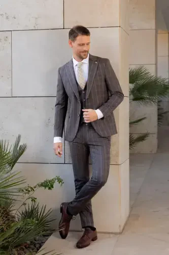 Modazone Erkak QAHVA Poliviskon Trend Jiletli Ekoseli Slim Fit Sivri Yoqali Takim Elbise - 3