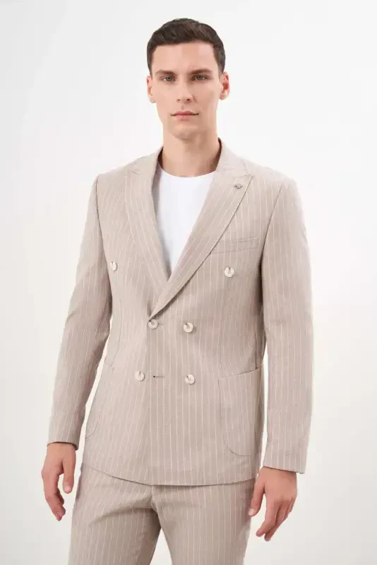 Modazone Erkak QAHVA Zig'ir Trend Kruzvaze Slim Fit Sivri Yoqa Kostyum - 1