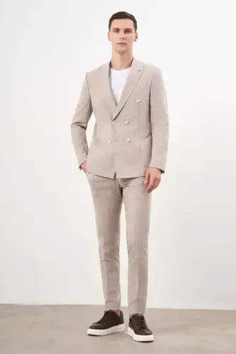 Modazone Erkak QAHVA Zig'ir Trend Kruzvaze Slim Fit Sivri Yoqa Kostyum - 4