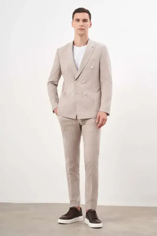 Modazone Erkak QAHVA Zig'ir Trend Kruzvaze Slim Fit Sivri Yoqa Kostyum - 4