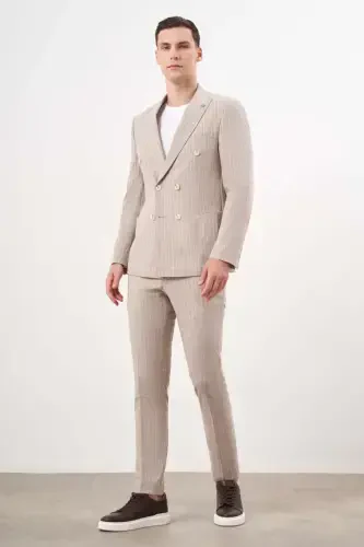 Modazone Erkak QAHVA Zig'ir Trend Kruzvaze Slim Fit Sivri Yoqa Kostyum - 5