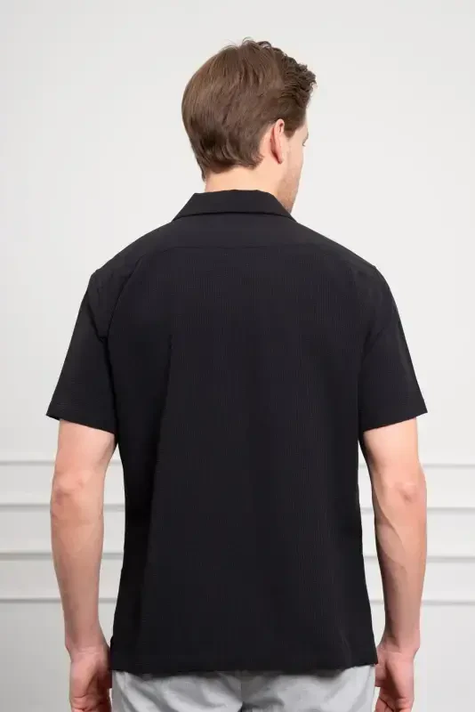 Modazone Erkak Qora Apaş Yoqali Qisqa Qo'lli Ko'ylak - 5