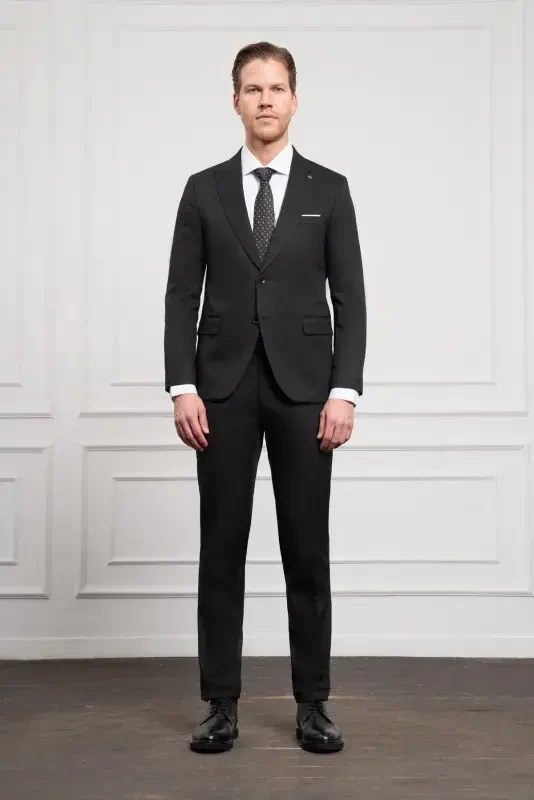 Modazone Erkak Qora Basic Jakar Naqshli Slim Fit Uchli Yoqali Kostyum - 2