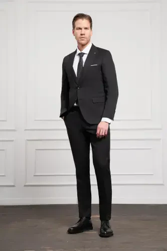 Modazone Erkak Qora Basic Jakar Naqshli Slim Fit Uchli Yoqali Kostyum - 3