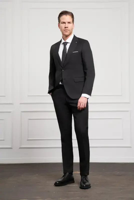 Modazone Erkak Qora Basic Jakar Naqshli Slim Fit Uchli Yoqali Kostyum - 3