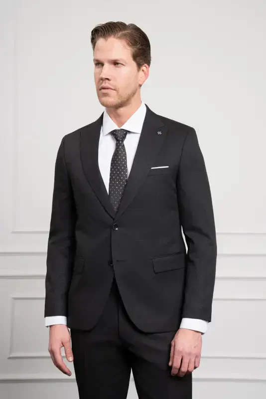 Modazone Erkak Qora Basic Jakar Naqshli Slim Fit Uchli Yoqali Kostyum - 4