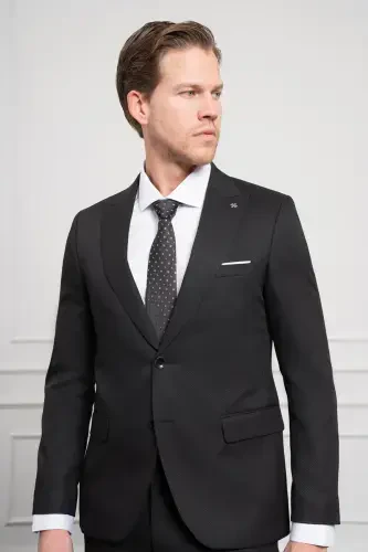 Modazone Erkak Qora Basic Jakar Naqshli Slim Fit Uchli Yoqali Kostyum - 5