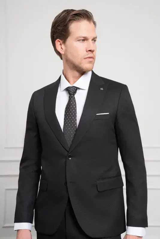 Modazone Erkak Qora Basic Jakar Naqshli Slim Fit Uchli Yoqali Kostyum - 5