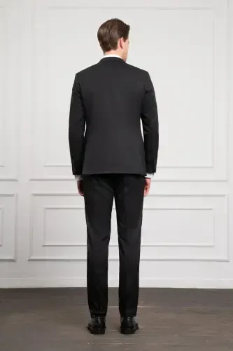 Modazone Erkak Qora Basic Jakar Naqshli Slim Fit Uchli Yoqali Kostyum - 6