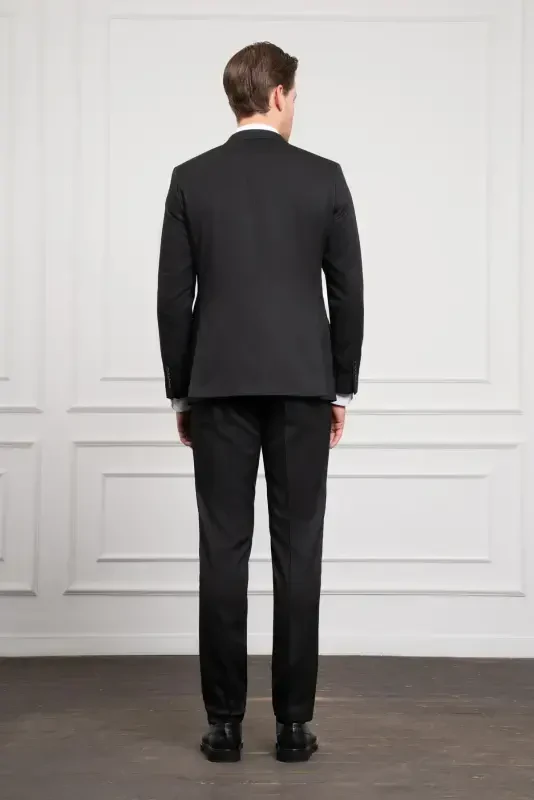 Modazone Erkak Qora Basic Jakar Naqshli Slim Fit Uchli Yoqali Kostyum - 6