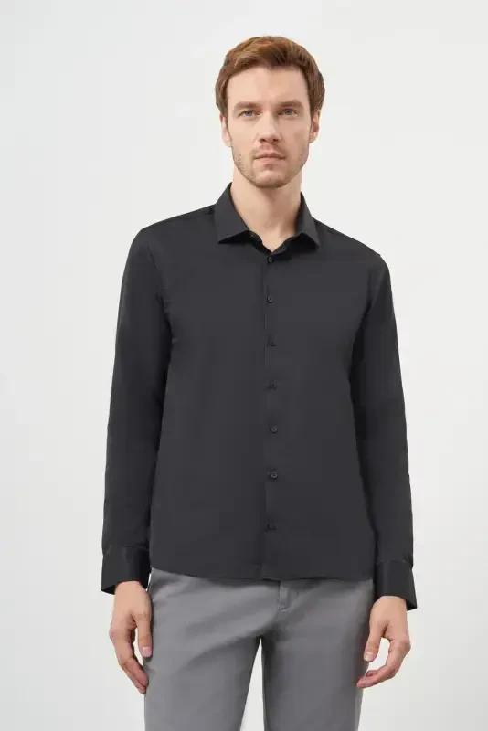 Modazone Erkak Qora Basic Slim Fit İtalyan Yoqali Ko'ylak - 3