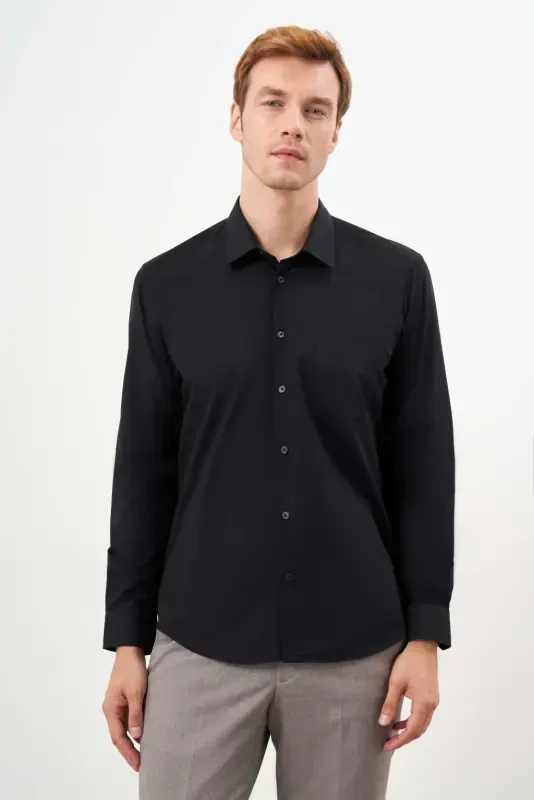 Modazone Erkak Qora Basic Tekis Naqshli Cho'ntakli Qattiq Yoqali Regular Fit Ko'ylak - 2