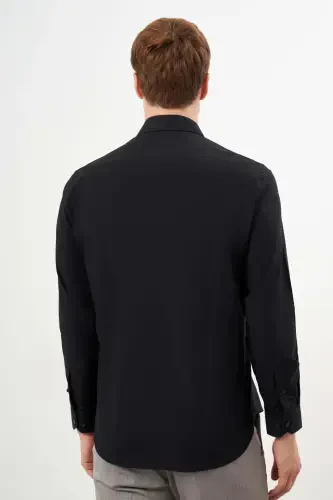 Modazone Erkak Qora Basic Tekis Naqshli Cho'ntakli Qattiq Yoqali Regular Fit Ko'ylak - 4