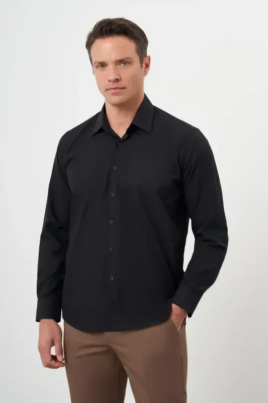 Modazone Erkak Qora Basic Tekis Naqshli Qattiq Yoqali Regular Fit Ko'ylak - MORVEN