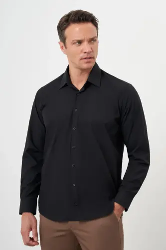 Modazone Erkak Qora Basic Tekis Naqshli Qattiq Yoqali Regular Fit Ko'ylak - MORVEN (1)