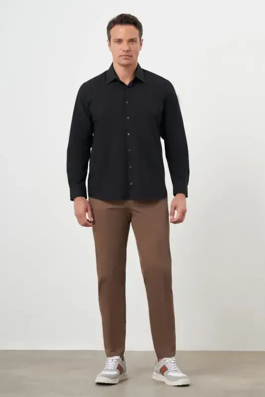 Modazone Erkak Qora Basic Tekis Naqshli Qattiq Yoqali Regular Fit Ko'ylak - 3