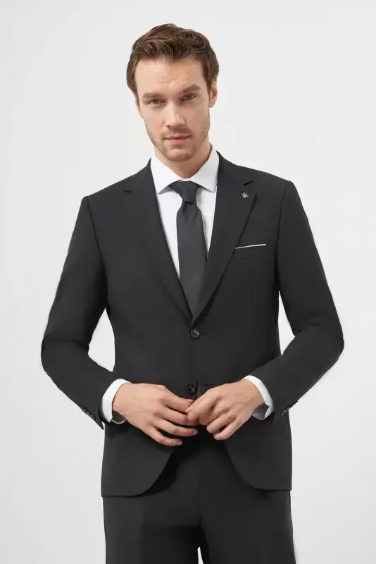 Modazone Erkak Qora Jun Slim Fit Mono Yoqali Kostyum - 3