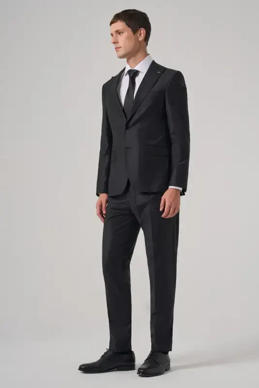 Modazone Erkak Qora Jun Trend Tekis Slim Fit Uchli Yoqali Kostyum - 3