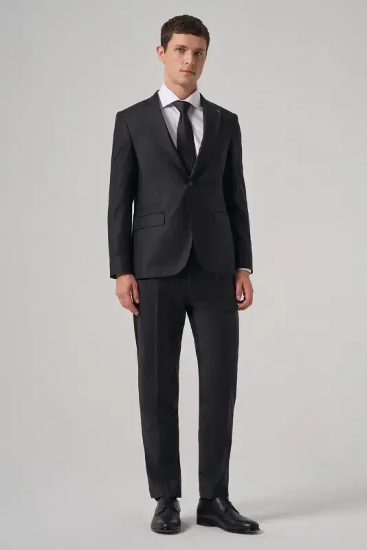 Modazone Erkak Qora Jun Trend Tekis Slim Fit Uchli Yoqali Kostyum - 4