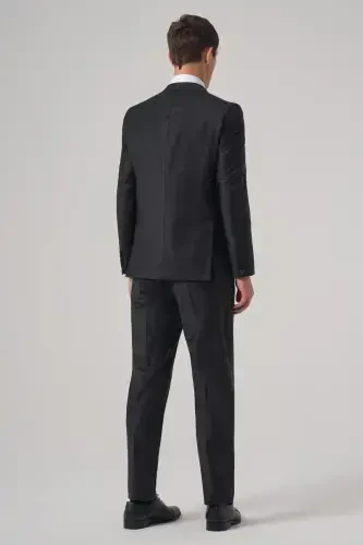 Modazone Erkak Qora Jun Trend Tekis Slim Fit Uchli Yoqali Kostyum - 5