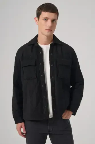 Modazone Erkak Qora Junli Dynamic Fit Barber Yoqali Palto - 3