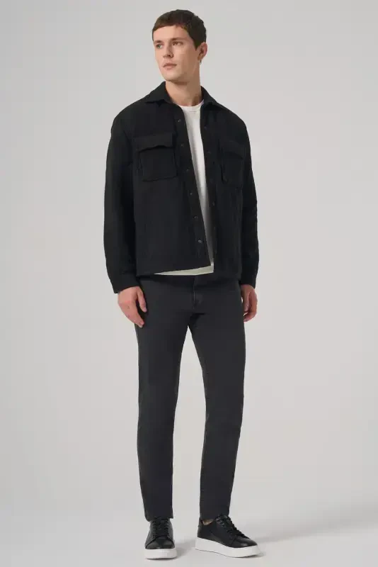 Modazone Erkak Qora Junli Dynamic Fit Barber Yoqali Palto - 5