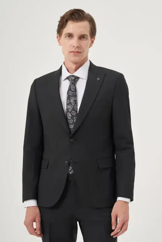 Modazone Erkak Qora Junli Platinium Classic Chiziqli Slim Fit Uchi Qayrilgan Yoqali Kostyum - 1